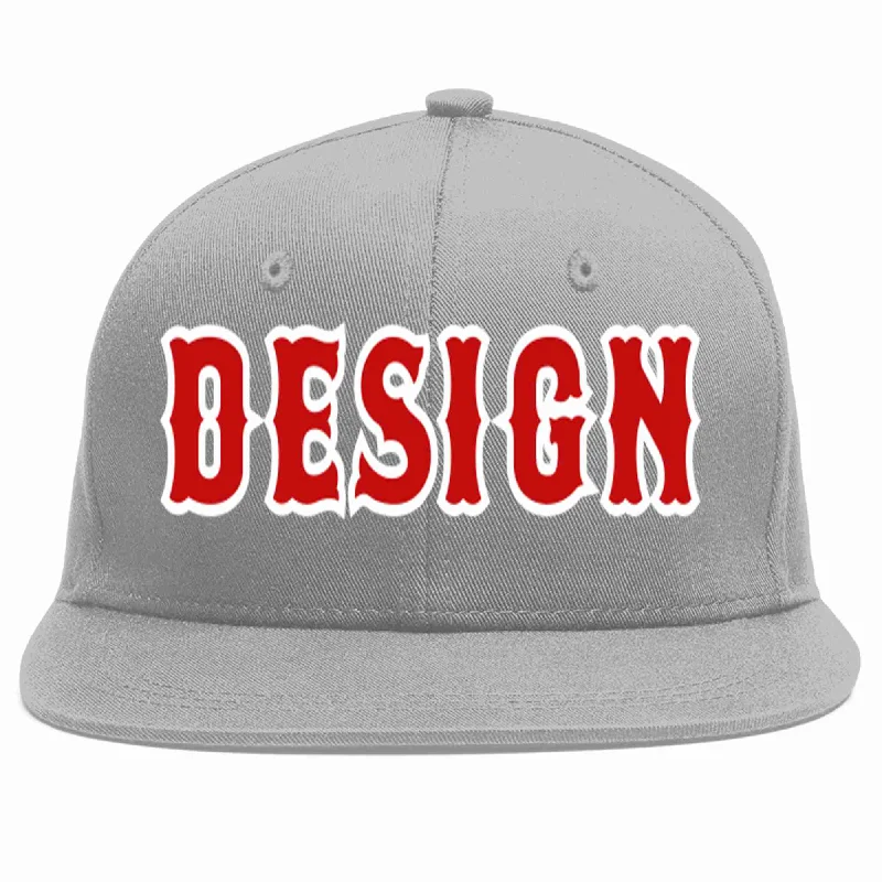 Baseball Cap For Custom Sports Apparel-Custom Gray Red-White Flat Eaves Sport Baseball Cap Design for Men/Women/Youth