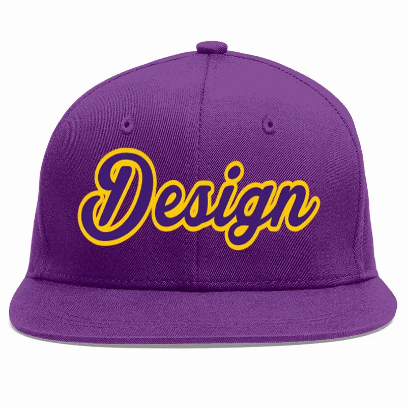 Baseball Cap With Personalized Logos-Custom Purple purple-Gold Flat Eaves Sport Baseball Cap Design for Men/Women/Youth