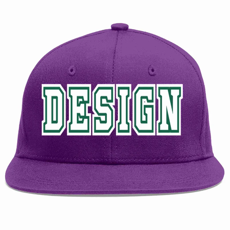 Baseball Cap For College Team Merchandise-Custom Purple White-Kelly Green Flat Eaves Sport Baseball Cap Design for Men/Women/Youth