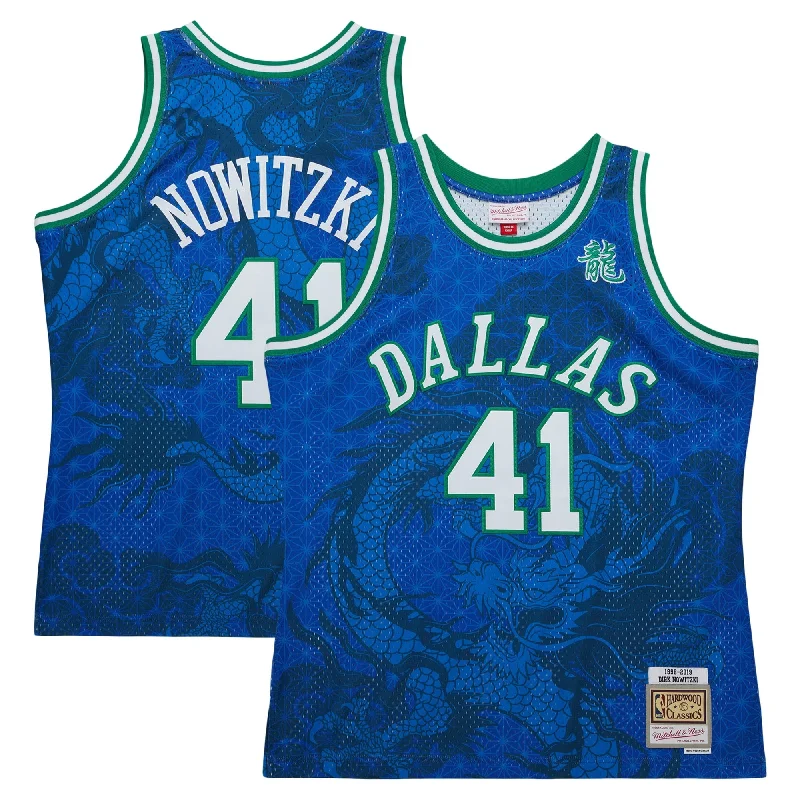 Basketball Jersey For Custom Player Portraits-Dirk Nowitzki Dallas Mavericks 1998-2019 Hardwood Classics Asian Heritage 6.0 Swingman Throwback Player Basketball Jersey - Blue