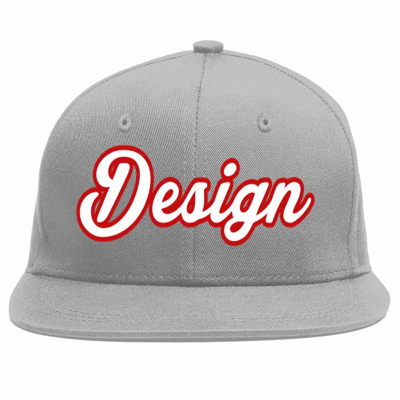 Baseball Cap With Unique Designs-Custom Gray White-Red Flat Eaves Sport Baseball Cap Design for Men/Women/Youth