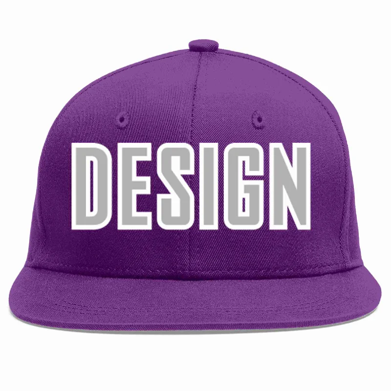 Baseball Cap For Team Gear-Custom Purple Gray-White Flat Eaves Sport Baseball Cap Design for Men/Women/Youth