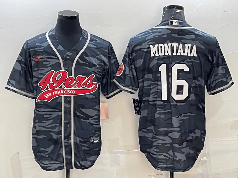 Baseball Jersey With Custom Patch Designs-Men's San Francisco 49ers #16 Joe Montana Grey Camo With Patch Cool Base Stitched Baseball Jersey