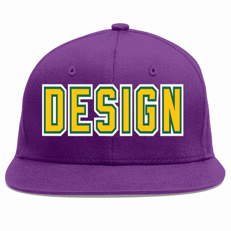 Baseball Cap With Custom Player Logos-Custom Purple Gold-Kelly Green Flat Eaves Sport Baseball Cap Design for Men/Women/Youth