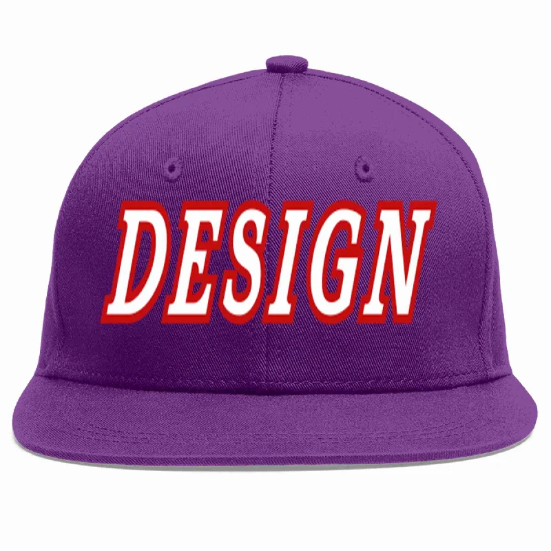 Baseball Cap For Fundraisers-Custom Purple White-Red Flat Eaves Sport Baseball Cap Design for Men/Women/Youth