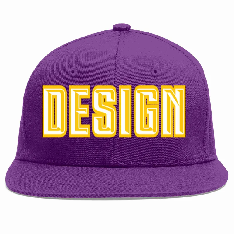 Baseball Cap For Baseball Game Merchandise-Custom Purple White-Gold Flat Eaves Sport Baseball Cap Design for Men/Women/Youth