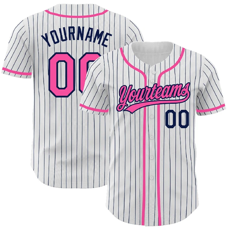 Baseball Jersey For Custom Player Awards-Custom White Navy Pinstripe Pink Authentic Baseball Jersey