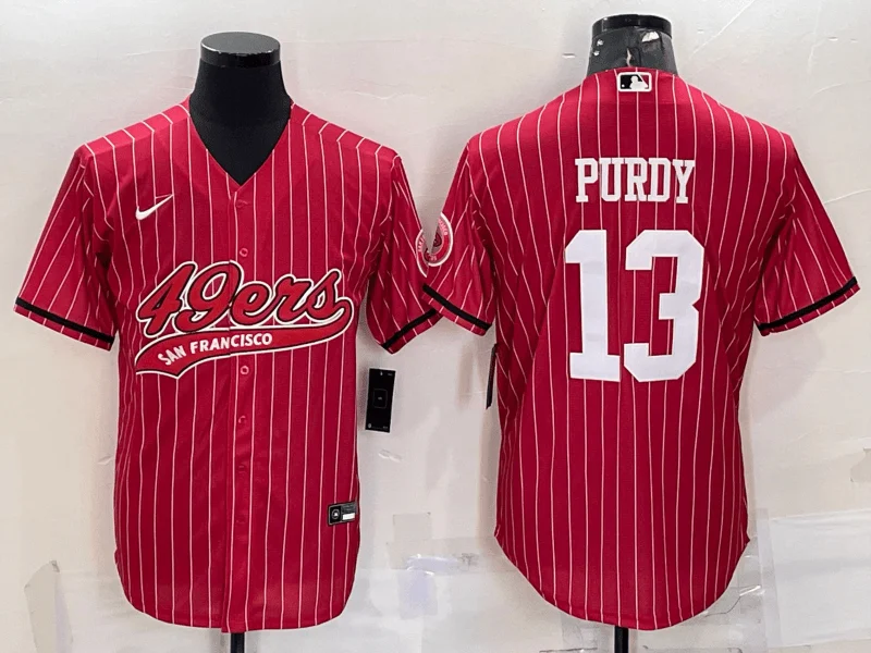 Baseball Jersey For Special Player Editions-Men's San Francisco 49ers #13 Brock Purdy Red Pinstripe With Patch Cool Base Stitched Baseball Jersey