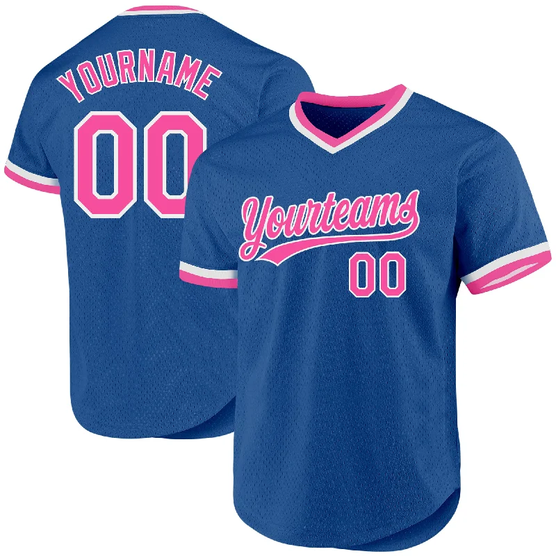 Baseball Jersey For College Fan Gear-Custom Blue Pink-White Authentic Throwback Baseball Jersey