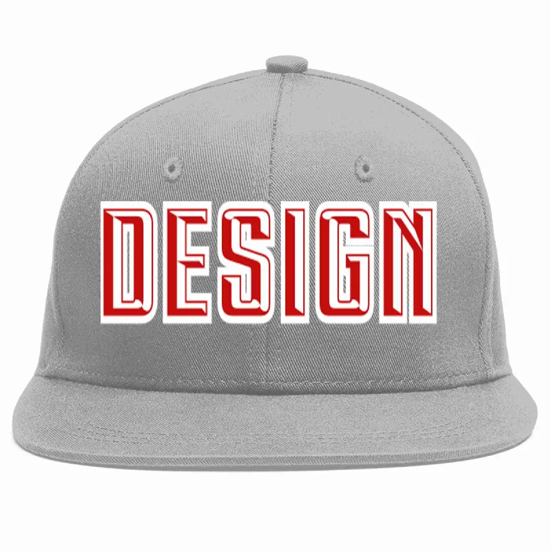 Baseball Cap For Personalized Numbering-Custom Gray Red-White Flat Eaves Sport Baseball Cap Design for Men/Women/Youth