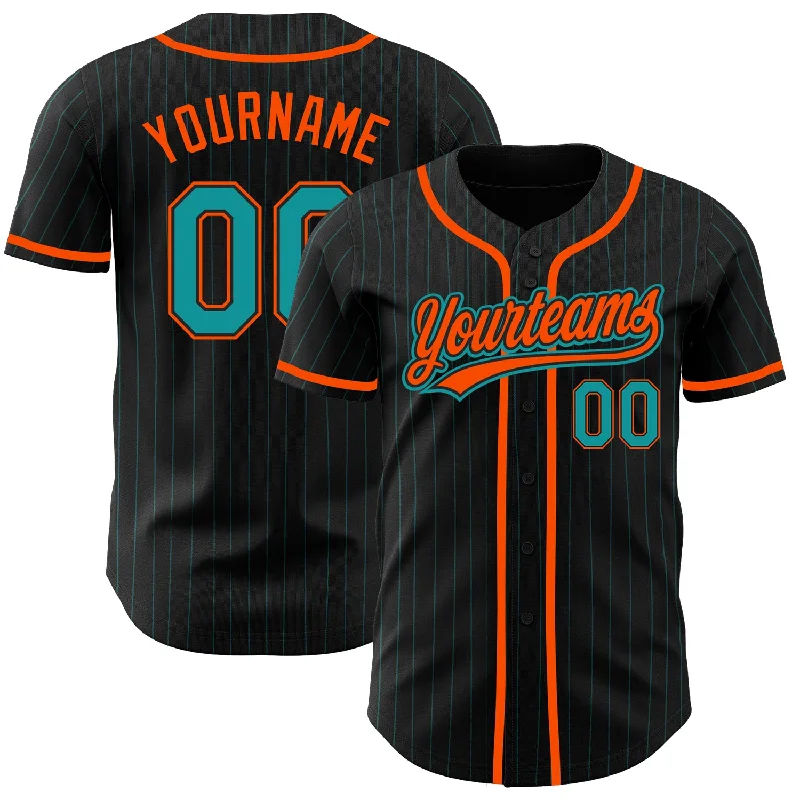 Baseball Jersey For Limited-Time Fan Gear-Custom Black Teal Pinstripe Teal-Orange Authentic Baseball Jersey