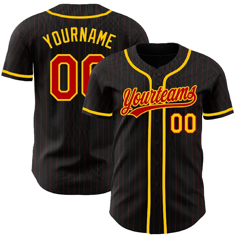 Baseball Jersey For Group Orders-Custom Black Red Pinstripe Red-Yellow Authentic Baseball Jersey