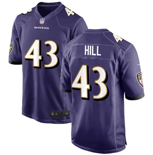 Football Jersey For Tournament Fan Gear-Men's Baltimore Ravens #43 Justice Hill Purple Football Stitched Game Jersey