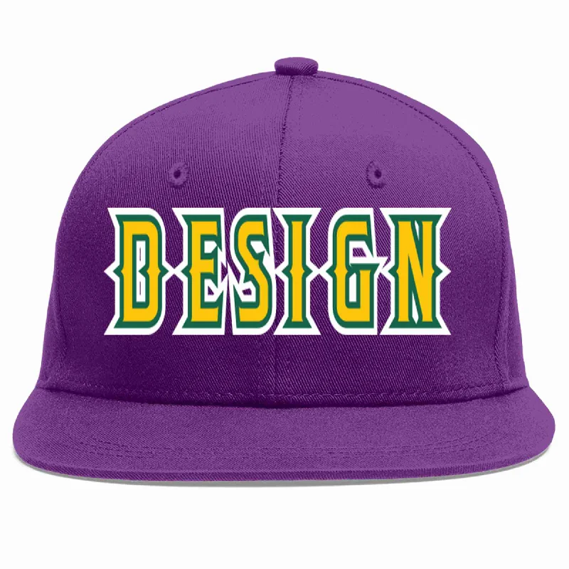 Baseball Cap For Custom Fan Apparel-Custom Purple Gold-Kelly Green Flat Eaves Sport Baseball Cap Design for Men/Women/Youth