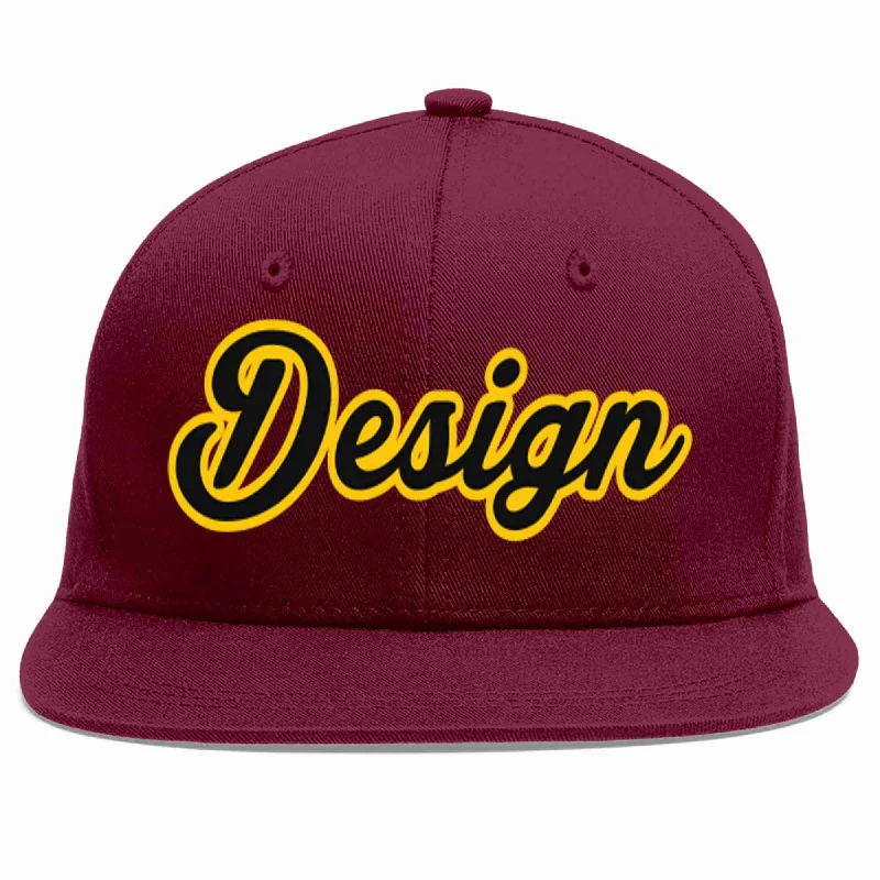 Baseball Cap For Team Merchandise-Custom Crimson Black-Gold Flat Eaves Sport Baseball Cap Design for Men/Women/Youth